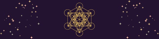  gold metatron's cube with gold stars on a purple background