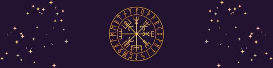 vegvisir symbol on purple background with stars