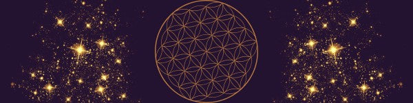 purple rectangle with round flower of life symbol in the centre in gold and gold stars at the edges