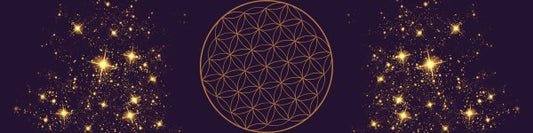 purple rectangle with round flower of life symbol in the centre in gold and gold stars at the edges