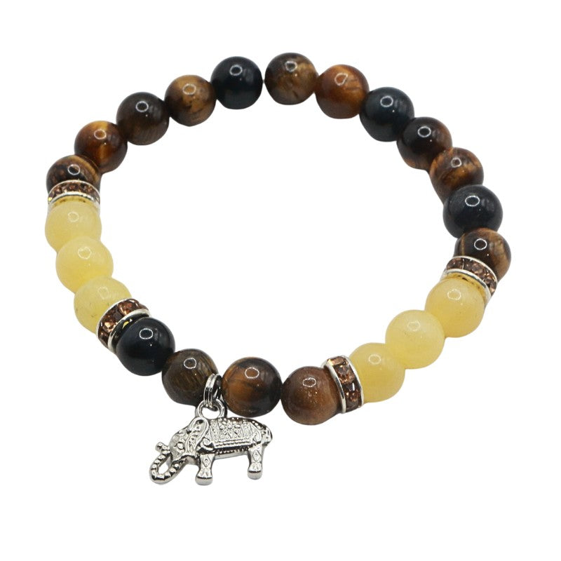 Beaded bracelet with an elephant charm on a white background