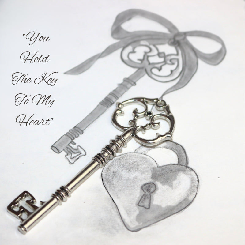 Silver skeleton key sitting atop a drawing of a skeleton key and heart padlock