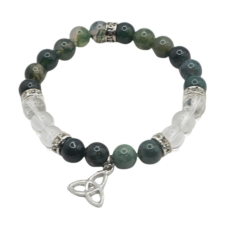 Green Moss Agate & Clear Quartz Crystal Bracelet With Triquetra Charm