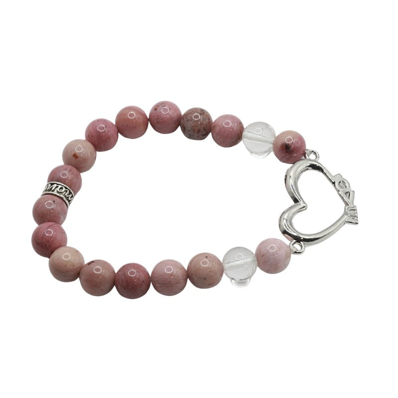 Bracelet with pink beads and a heart-shaped clasp on a white background