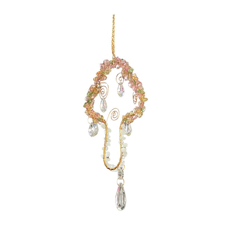 Decorative hanging ornament with multicolored beads and a mushroom shape on a white background