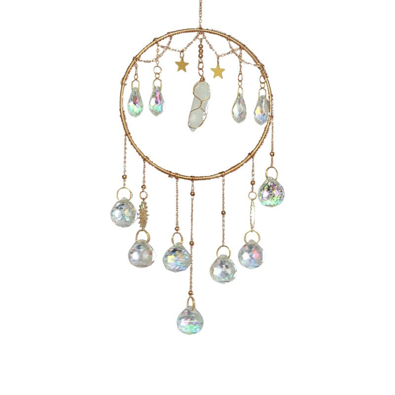 Decorative hanging ornament with crystal-like beads and gold accents on a white background