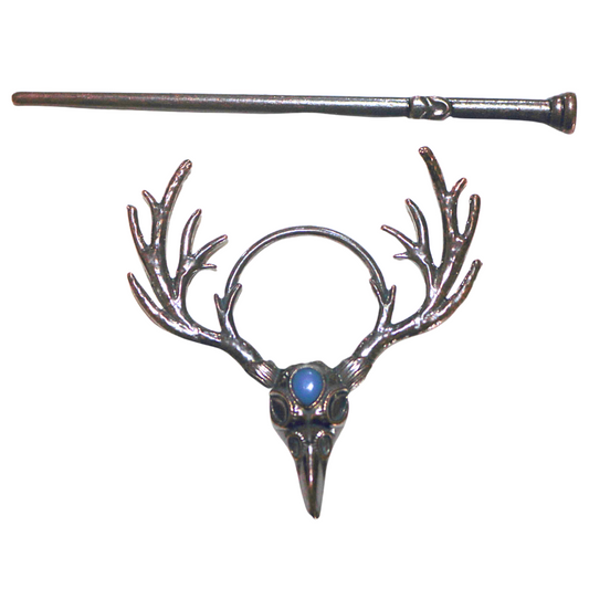 Dark metal skull and antlers hair pin