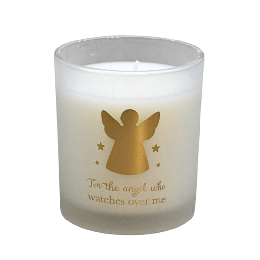 A frosted glass jar candle with white wax, featuring a gold angel silhouette and the text 'For the angel who watches over me' printed on the front.