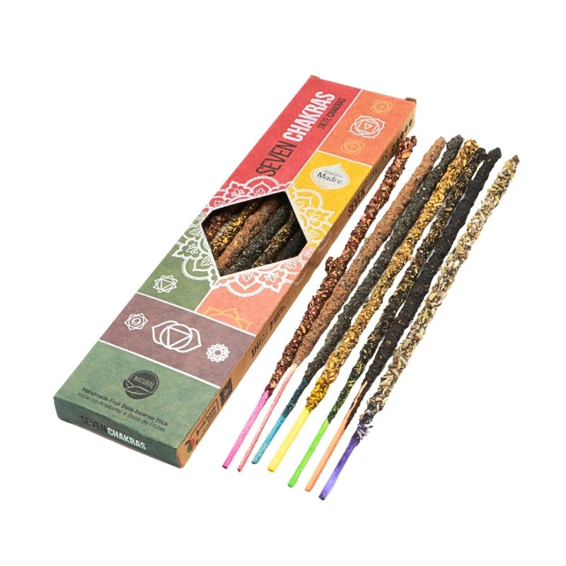 seven chakra incense box by Sagrada  Madre next to incense sticks 