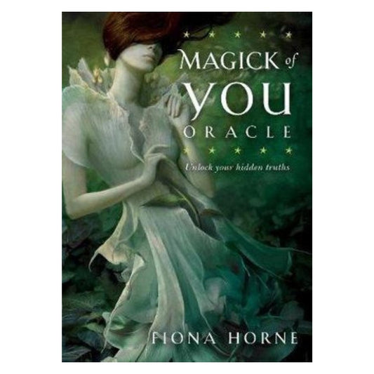 Magick of You Oracle- green cover with a picture of a woman in a white dress- her hair covering her eyes