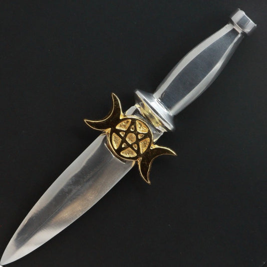 aluminium athame/ dagger with a gold pentacle and two gold crescent moons at each side beneath the hilt