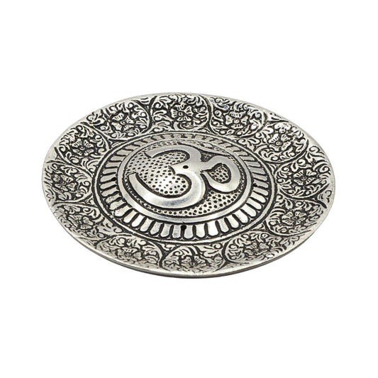 round aluminium incense burner with om symbol