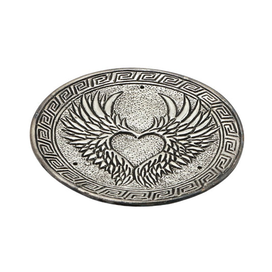 aluminium incense burner with angel wings in a heart pattern