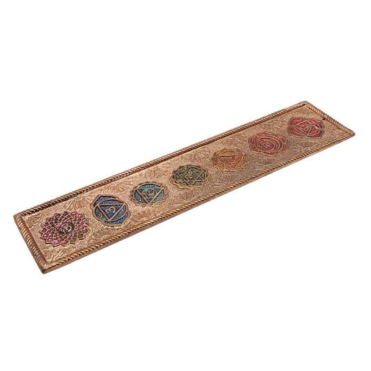 Flat aluminium incense burner with colourful chakra symbols on top