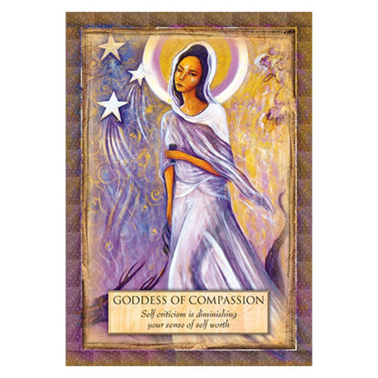 card from the Angels Gods & Goddesses Oracle Deck featuring a woman dressed in a purple dress with stars in the background