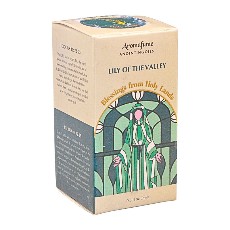 A box of Aromafume Anointing Oils, specifically 'Lily of the Valley', featuring a beige cardboard exterior with a stained-glass style illustration of a robed figure in green and pink, and a dark gray side panel with scripture text.