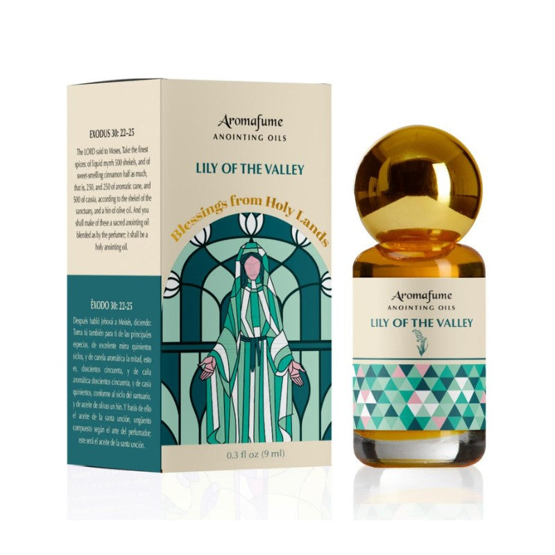 Aromafume Anointing Oils 'Lily of the Valley' product shown with its retail box and a glass bottle containing amber-colored oil. The packaging features a cream and teal design with a stained-glass illustration of a robed figure, and the bottle has a reflective gold cap.