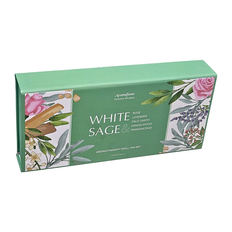 white and green packaging with "White Sage Aromatherapy Roll On Set" written on top