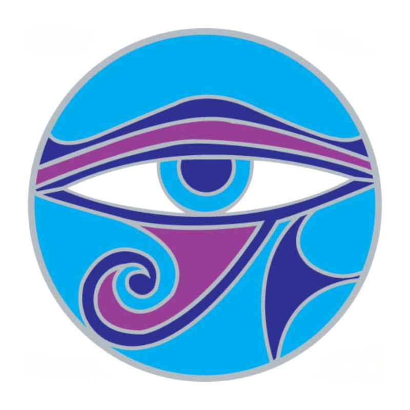 Decorative eye design with blue and purple colors on a white background