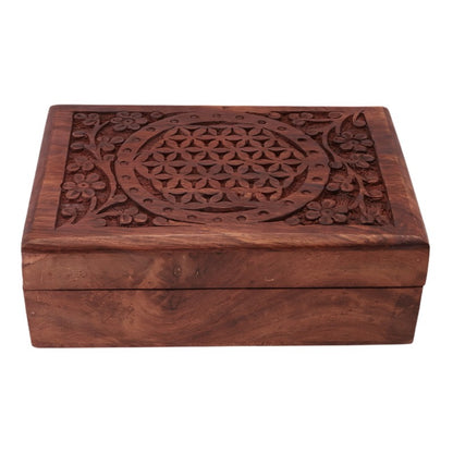 carved wooden box with flower of life design