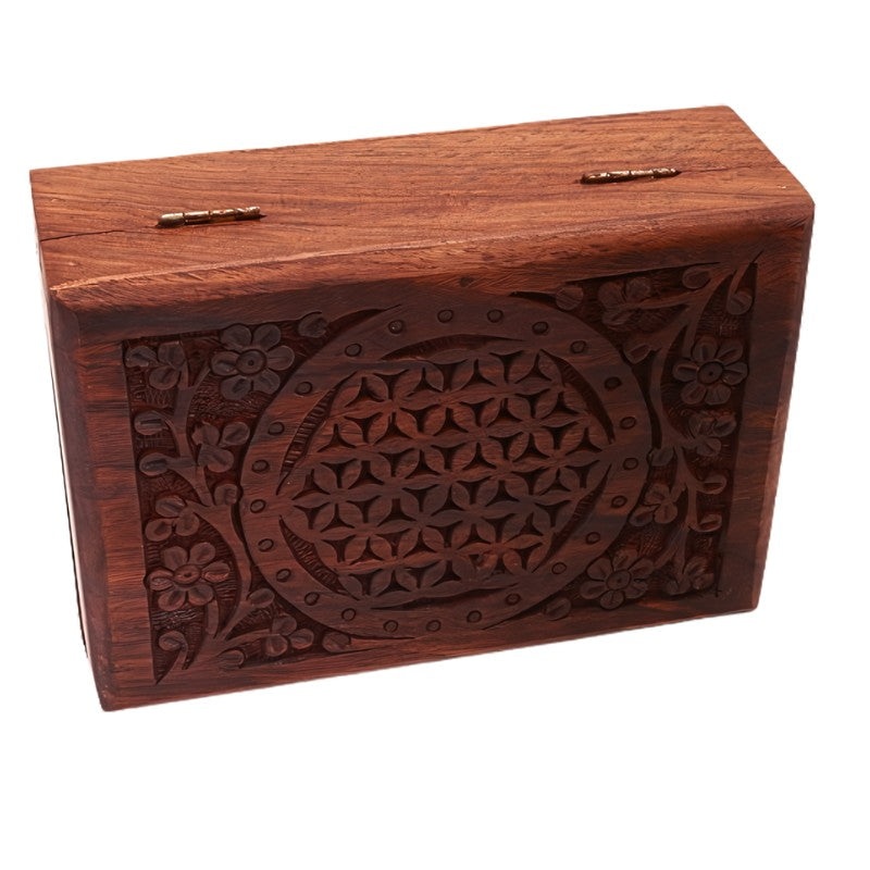 carved wooden box with flower of life design