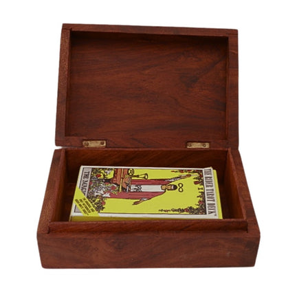 wooden box holding a rider waite smith tarot deck