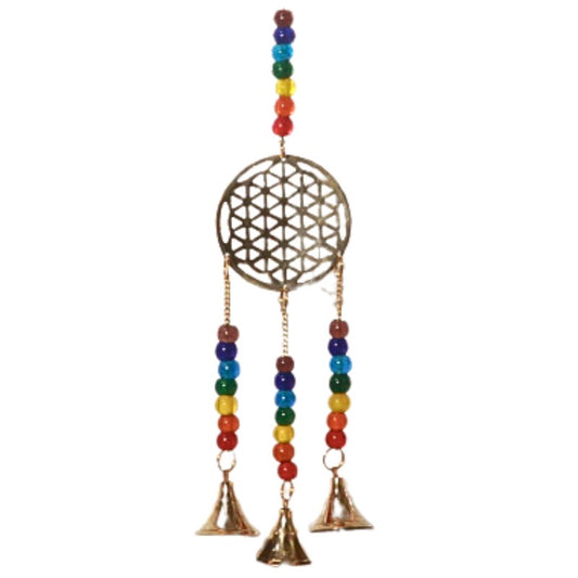 brass wind chimes with 3 bells hanging from strings of coloured beads