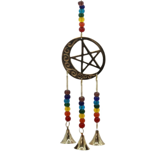 brass wind chime with a pentacle (5 pointed star) within a crescent moon. 3 chains of bells are suspended from the pentacle with coloured beads and a bell at the bottom of the chain