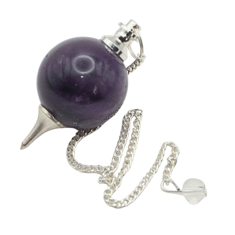 Purple spherical object with a silver chain on a white background