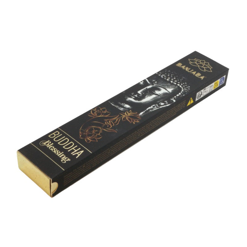 Box of Buddha Blessing incense sticks with decorative design on a white background