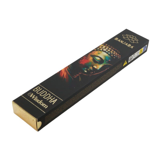 Box of Buddha-themed incense sticks with a colorful Buddha face design on a white background