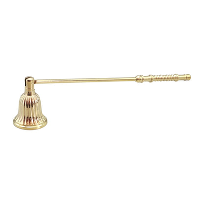 A brass candle snuffer with a fluted bell-shaped head and a long, straight handle featuring a ribbed grip, shown against a plain white background.