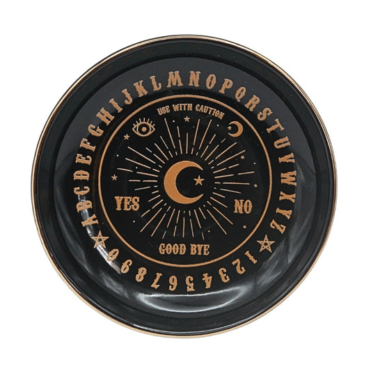 black ceramic dish with letters and numbers on it
