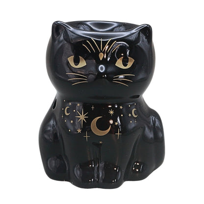 black cat shaped oil burner with gold stars and moons, on a white background