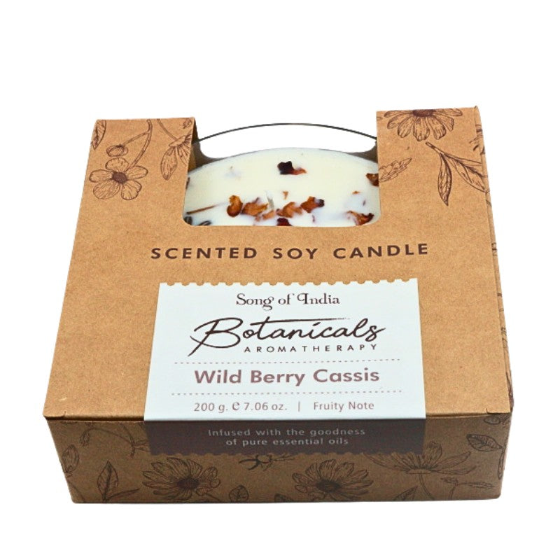Scented soy candle in a brown cardboard box with botanical design, featuring 'Song of India Botanicals Aromatherapy' on a white background.