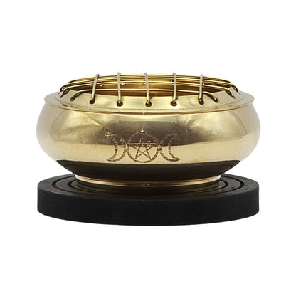 Brass charcoal incense burner engraved with the Triple moon pentacle design, sitting on a wooden base plate 