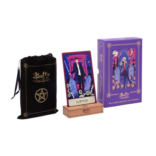 Buffy the Vampire Slayer tarot cards with a drawstring bag and card display stand on a white background