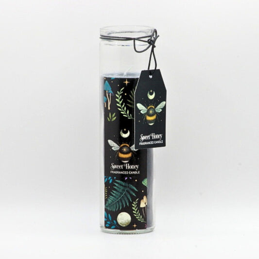 candle in glass jar- Bee, mushrooms and ferns design on jar