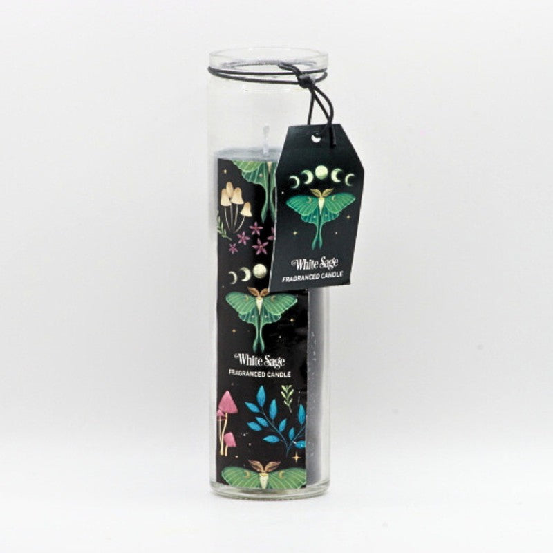 candle in glass jar- Luna Moth, mushrooms and ferns design on jar