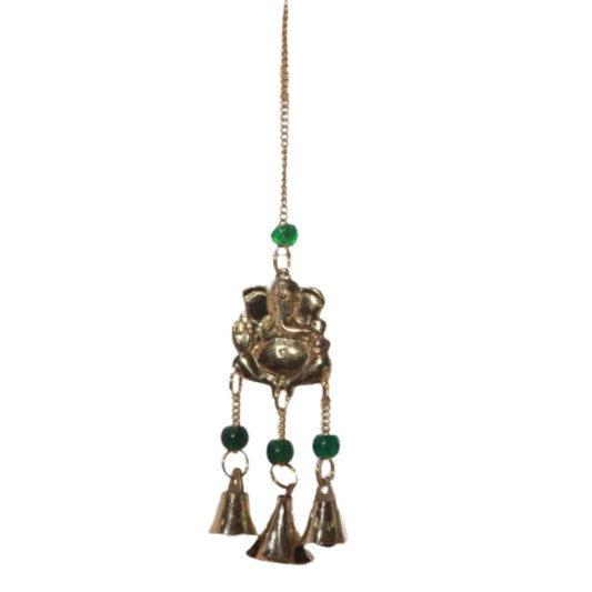 brass wind chime featuring ganesh- an elephant- with 3 bells hanging from it, suspended by brass chains