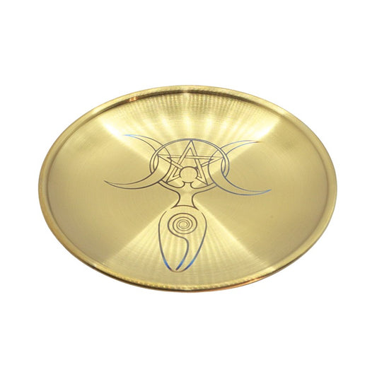 gold coloured altar plate with a spiral triple moon goddess design