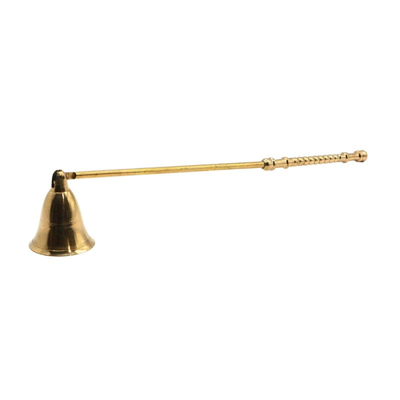 Brass candle snuffer with a long handle on a white background