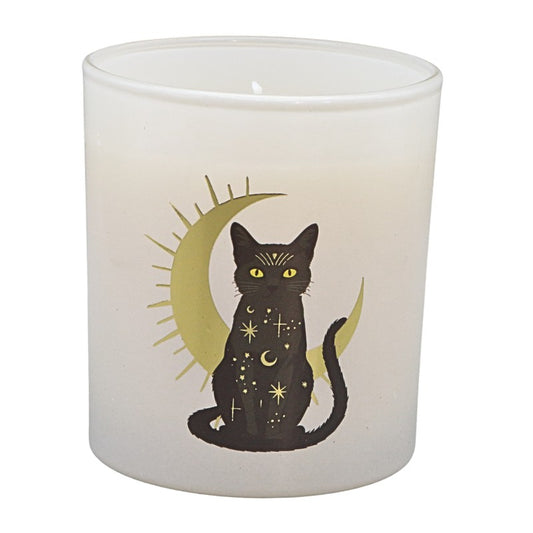 Glass candle jar with a black cat and gold moon design