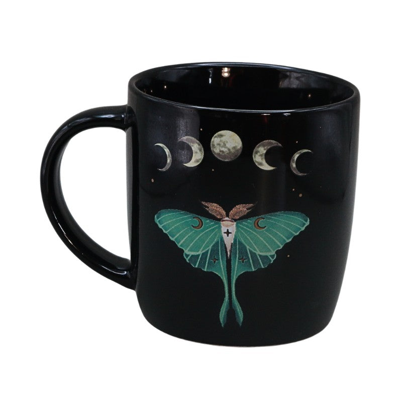 Black mug with Luna moth and moon phase design on white background