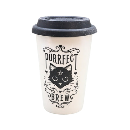 A white reusable travel mug with a black lid, featuring a black graphic of a cat's face and the words 'PURRFECT BREW' in an ornate font.