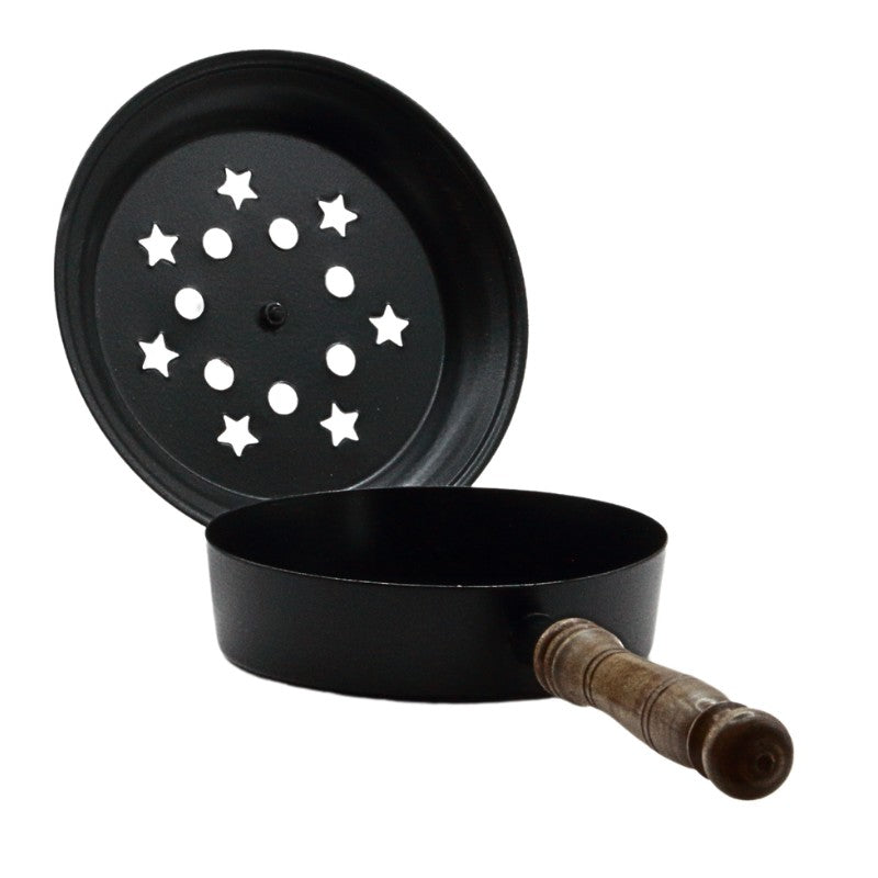 hinged iron charcoal incense burner with lid and wooden handle