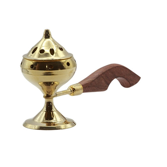 Brass charcoal incense burner with lid and wooden handle