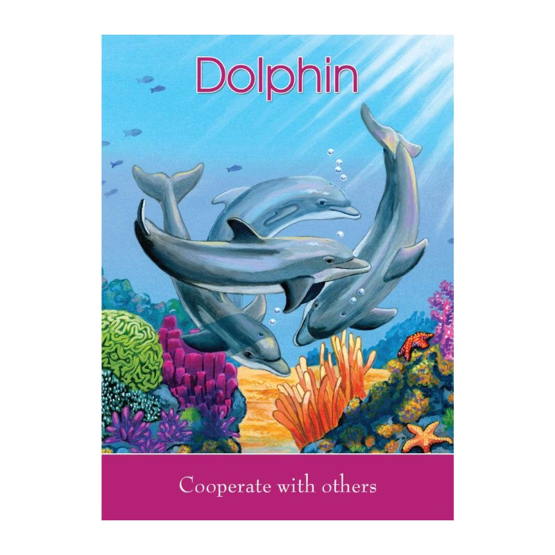 Book cover with dolphins and coral reef, featuring the word 'Dolphin' and a message about cooperation.