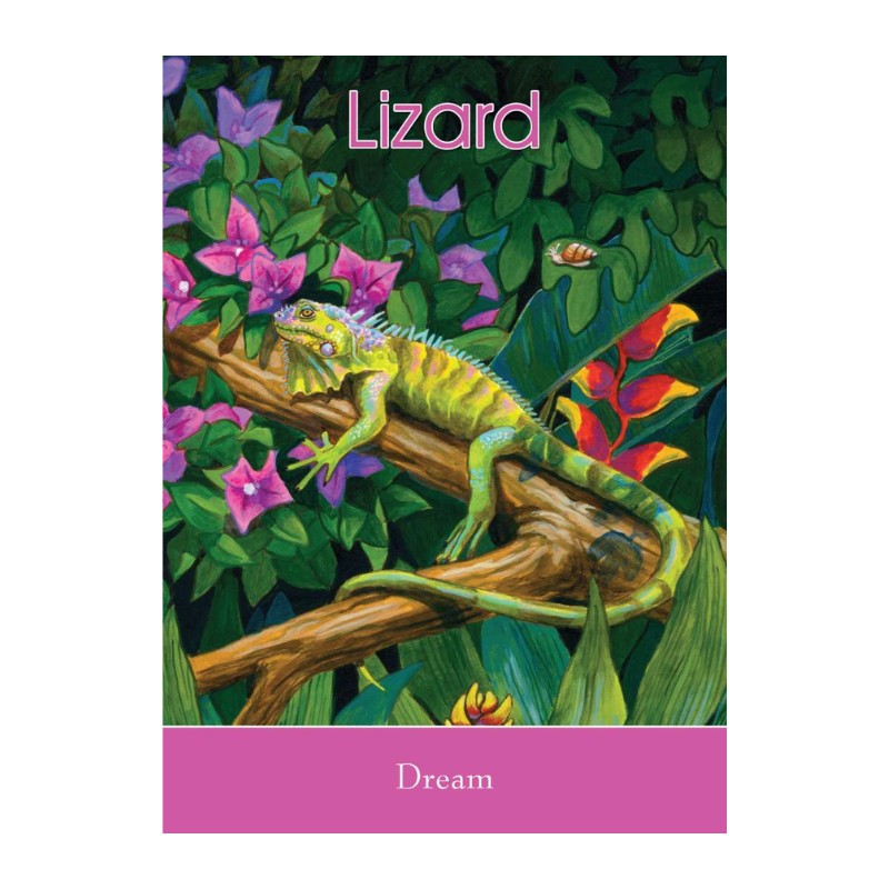 Illustration of a lizard on a branch with flowers and leaves, titled 'Lizard Dream'.
