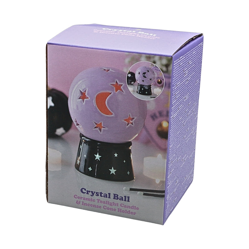 packaging for a purple crystal ball ceramic tea  light and incense cone holder